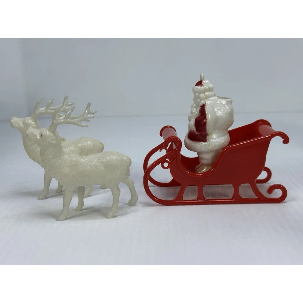 Vintage Plastic Standing Santa Claus Sleigh Pulled by Two White Reindeer